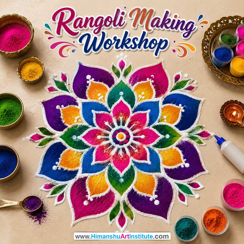 Rangoli Making Workshop for Foreigners, Rangoli Making Workshop for Foreigners in Delhi, Online Rangoli Making Workshop for Foreigners, Indian Folk Art Classes for Foreigners, Indian Art Workshop for Foreigners, Himanshu Art Institute