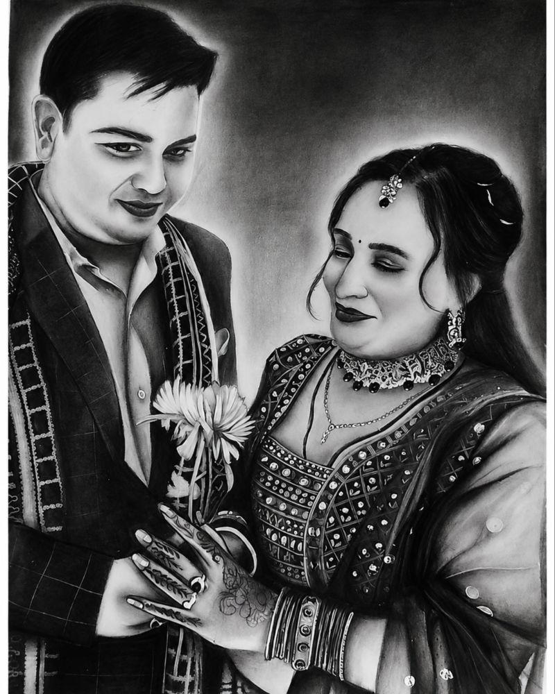 realistic pencil portrait, black and white portrait, couple portrait drawing, wedding couple portrait, graphite portrait, charcoal portrait, realistic pencil art, black and white artwork, realistic dr, Realistic Black and White Couple Portrait – Graphite Pencil Artwork